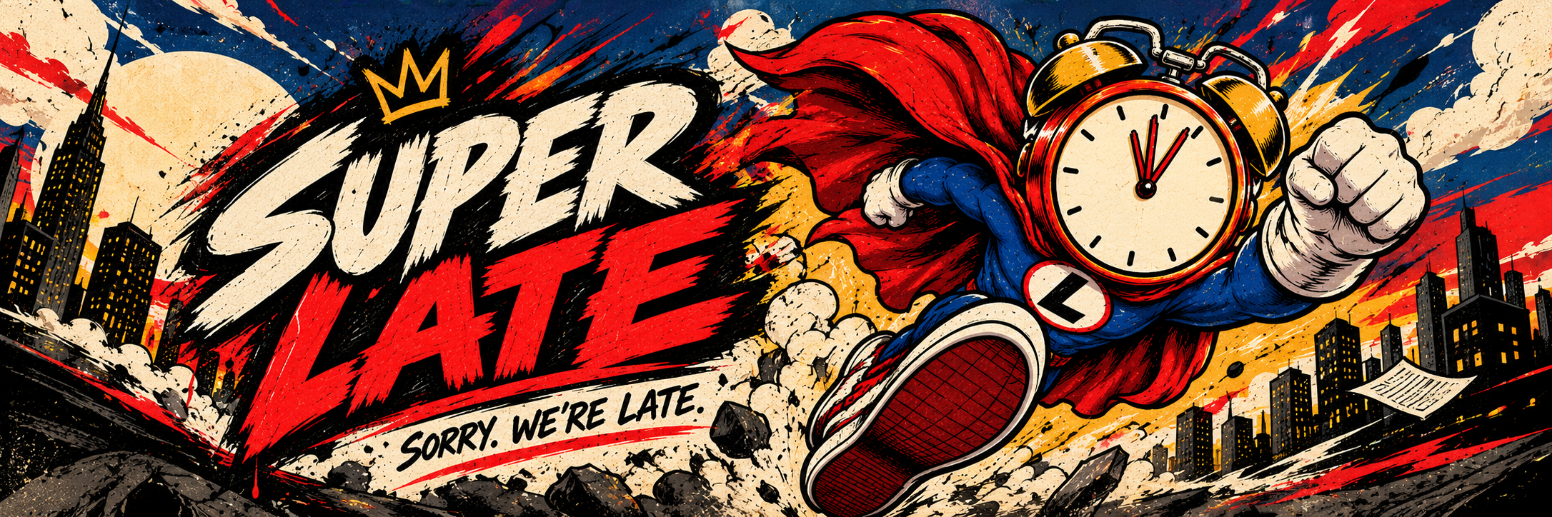 SUPER LATE alarm-clock superhero racing through the city